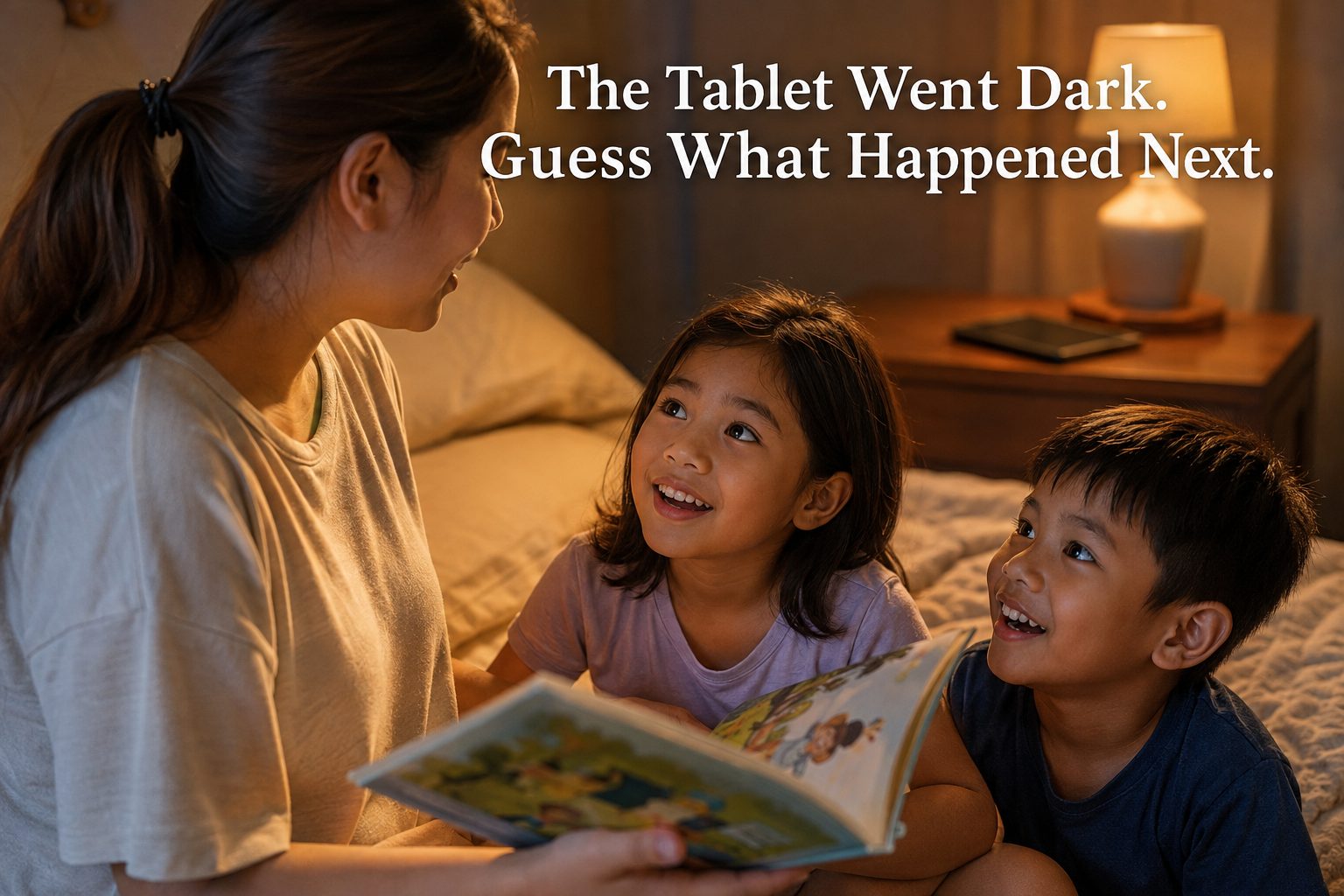 Mother reading an illustrated storybook aloud to her two children at bedtime, tablet dark and unused on the nightstand