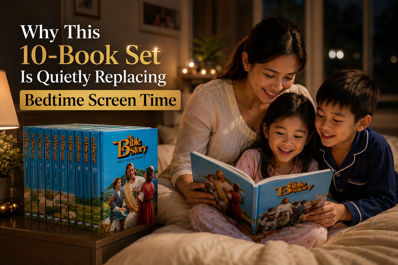 Mother and two children reading The Bible Story set together at bedtime, full 10-volume set on nightstand