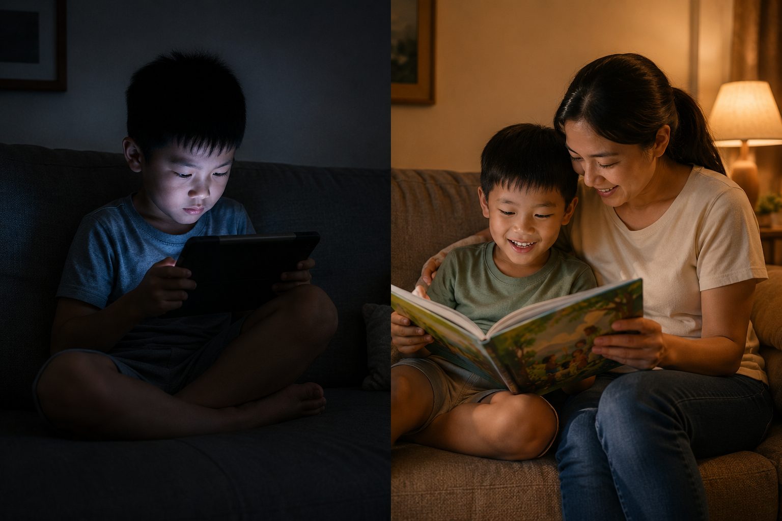 Split image comparing a child alone on a glowing tablet versus the same child reading happily with a parent