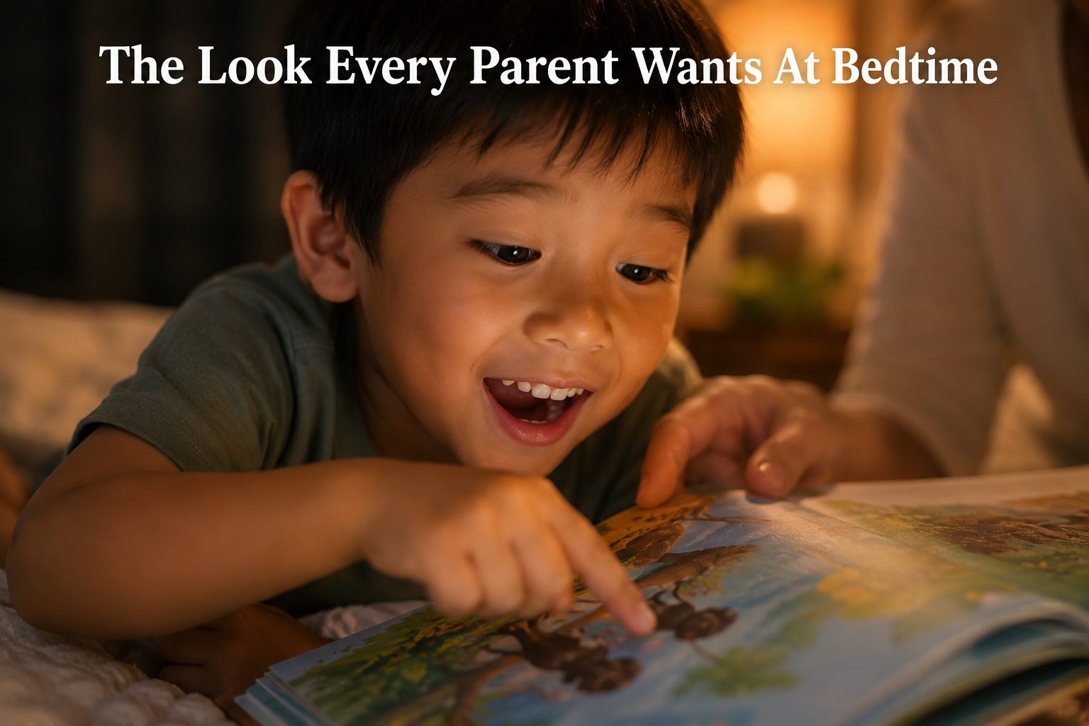 Close-up of a young boy smiling and pointing excitedly at an illustration in the storybook