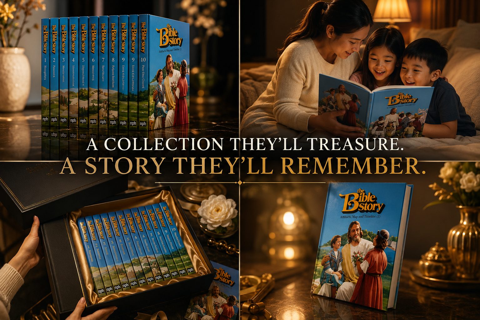 The Bible Story 10-volume illustrated set — full collection, family reading together, and unboxing shot